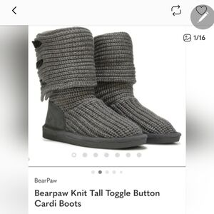 BearPaw Charcoal Knit Button Boots, Size 6. Brand New In Box.